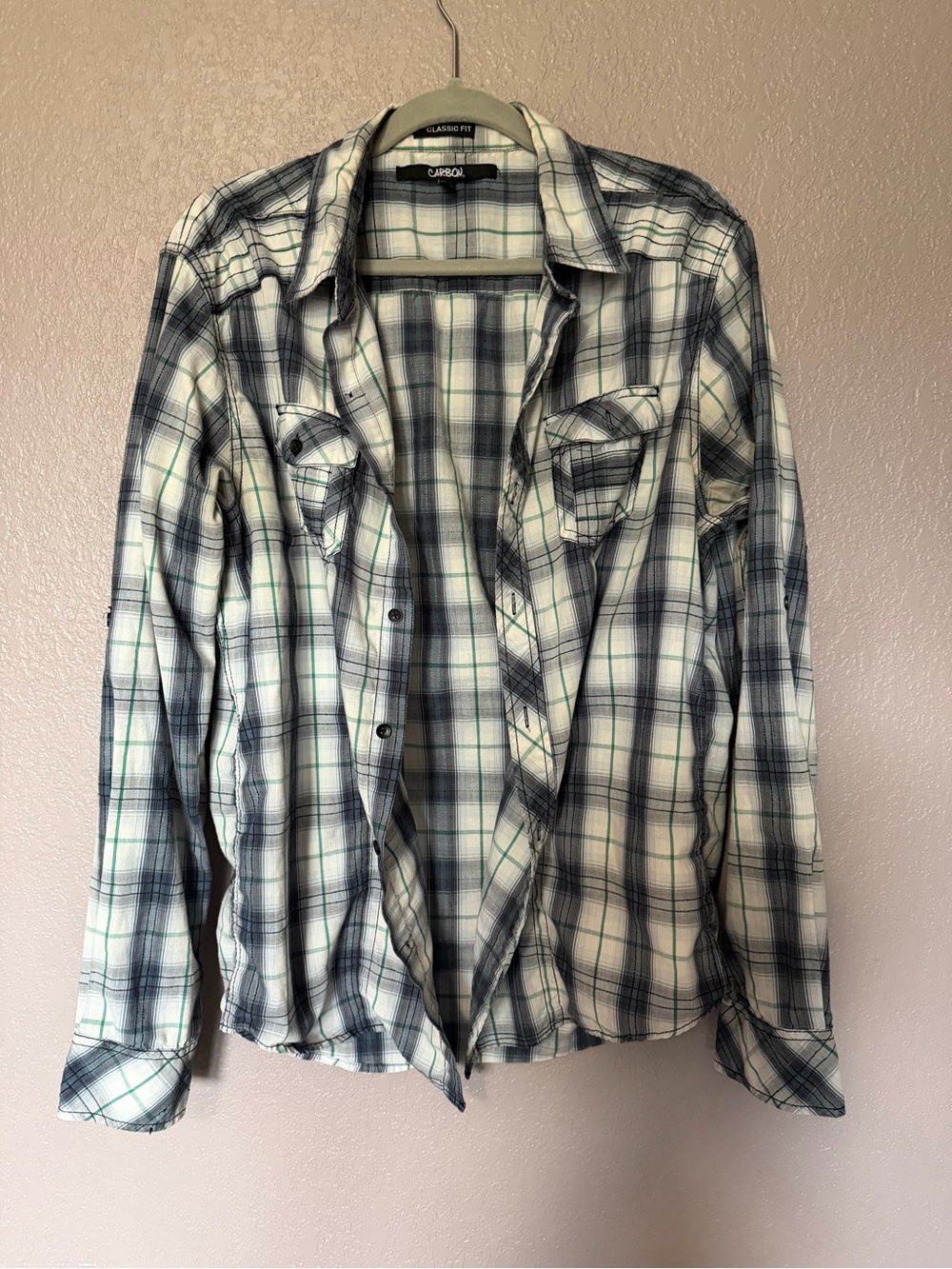 Carbon White, Black and Green Plaid Button-Down Shirt